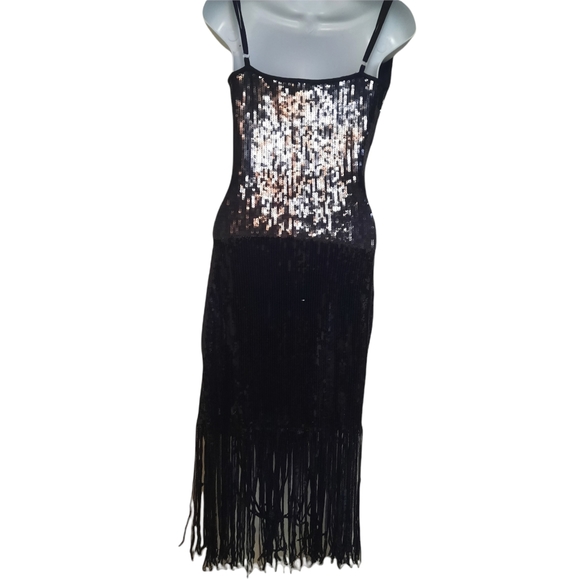 Black Dress Sequins V Neck Large Stretch LBD Tassels Body Hugging - Picture 13 of 13